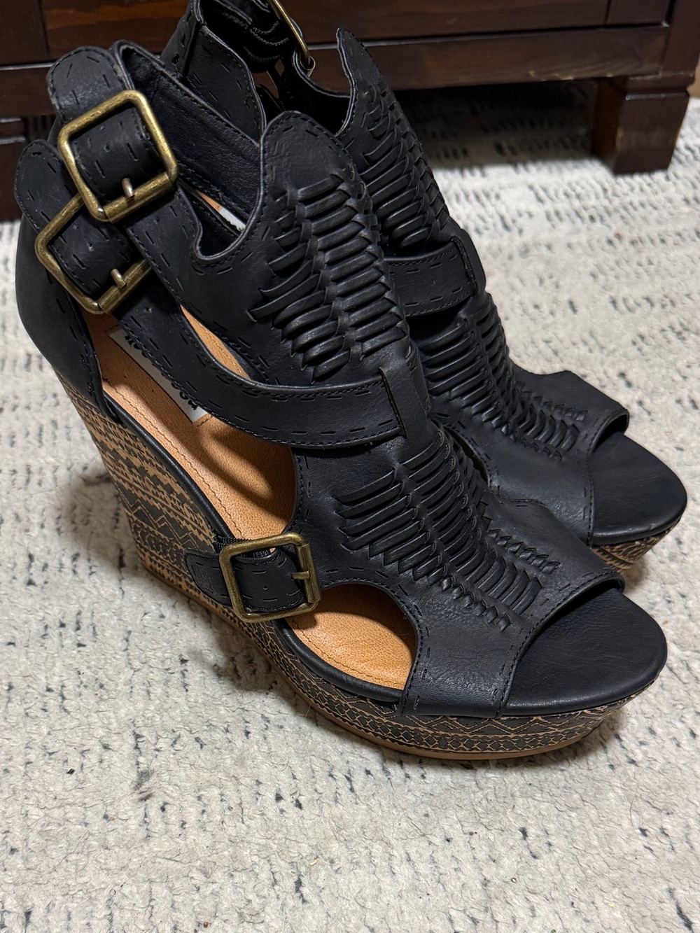 Women’s ‘Not Rated’ Woven Strappy Wedge Sandals - Black. Size 7